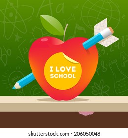 I love school - vector illustration with apple pierced by a pencil
