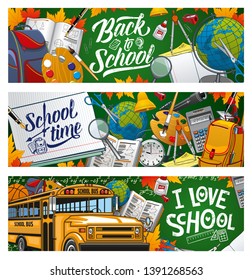 I love school, welcome back to school to start studying. Vector means of education, stationery items and transport. Yellow bus, Geography and Art, Maths and Astronomy subjects, lessons supplies