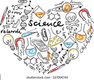 I Love Science - various science icons arranged in heart shape