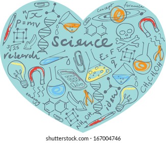 I Love Science - various science icons arranged in heart shape