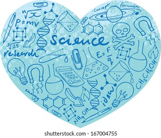 I Love Science - various science icons arranged in heart shape