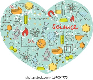 I Love Science - various science icons arranged in heart shape