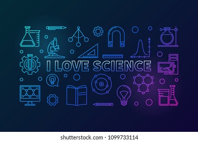Eu adoro ilustração horizontal colorida com vetor científico em estilo de contorno. Banner de educação e ciência feito de ícones lineares sobre fundo escuro
