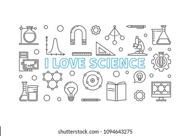 I love science vector horizontal banner in thin line style. Education and science illustration