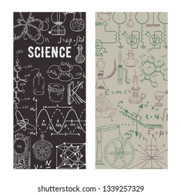 I love science. Vintage scientific equipment, formulas and elements. Design template for card, print, poster, wallpaper. Vector illustration