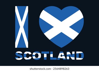 I love Scotland Word with heart shape, Flag of Scotland national country symbol illustration Vector, Rectangle Scotland flag illustration, Flat vector illustration
