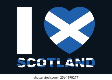 I love Scotland Word with heart shape, Flag of Scotland national country symbol illustration Vector, Rectangle Scotland flag illustration, Flat vector illustration
