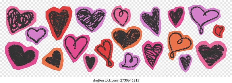 Amor scrapbook doodle elemento de colección. Textura de tiza grunge de crayón dibujado a mano. Conjunto de iconos de garabato de corazón. Etiquetas engomadas de papel rotas aisladas. Corazones modernos para el planificador diario del cartel de la tarjeta