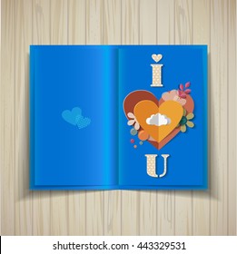 Love scrapbooking elements - paper hearts. Open brochure on a wooden texture.