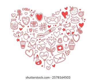 Love scribble design elements hand drawn doodle set in huge Valentine day heart shape frame vector illustration. Creative romantic decoration with cute emoticons and stickers, falling in love symbol