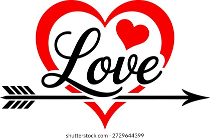 Letras de guion de amor con contorno de corazón rojo y flecha a través del diseño. Pequeño acento de corazón completa este romántico gráfico de San Valentín. Perfecto para temas de amor, diseños románticos y tarjetas de celebración.