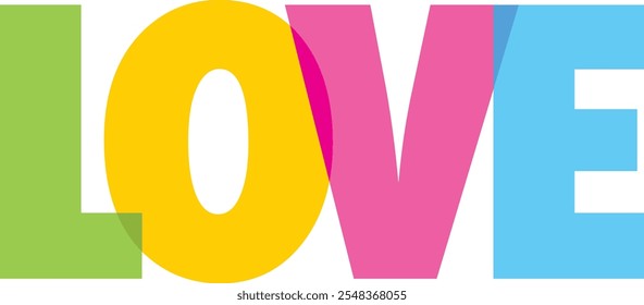 love script text lettering lime green yellow pink and cyan color, love words vector illustration isolated on white background.