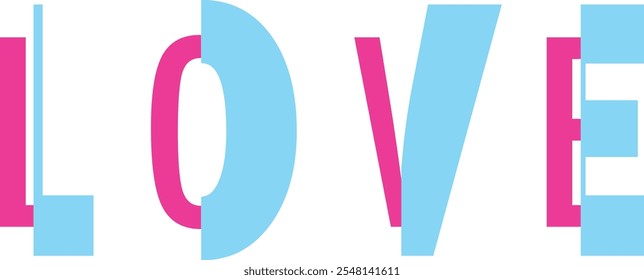 Letras de texto de guion de amor color rosa y cian, Ilustración vectorial de palabras de amor aisladas sobre fondo blanco.