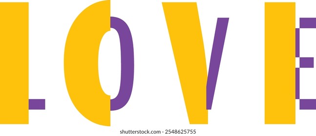 Letras de texto de escritura de amor color amarillo y púrpura, Ilustración vectorial de palabras de amor aisladas sobre fondo blanco.