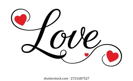 Tipografía de guion de amor con acentos de corazón rojo sobre fondo blanco
