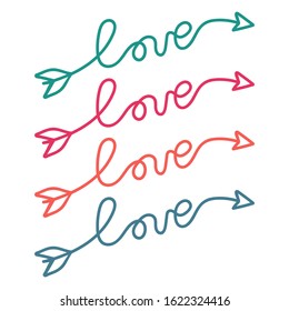 Love script word in arrow hand drawn lettering. Vector illustration Modern calligraphy Design for print on shirt, poster, banner. Colour text on white background.