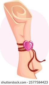 Love Scroll Tied with Twine and Pink Shiny Heart Isolated Romantic Graphic Illustration.