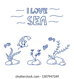 I love  sea . Inscription.  Doodle Background.  Vector illustration