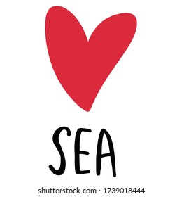 Love sea. Red heart and text sea. Vector illustration in doodle style.