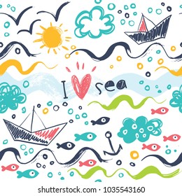 I love the sea. Seamless pattern in the concept of children's drawings. Seamless pattern with ships, fish, sun, clouds, sea and waves.