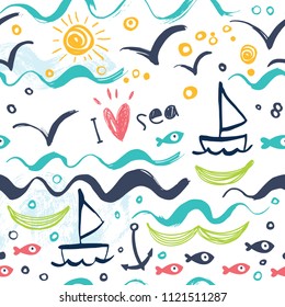 I love the sea. Seamless pattern in the concept of children's drawings. Seamless pattern with ships, fish, sun, clouds, sea and waves.
