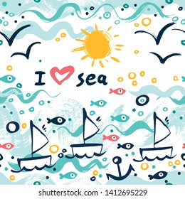 I love the sea. A seamless pattern with marine themes: ships, fish, sea, waves and bright sun. 