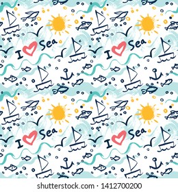 I love the sea. A seamless pattern with marine themes: ships, fish, sea, waves and bright sun. 