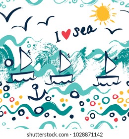 I love sea. Seamless vector pattern with sea, waves, ship, lifebuoy, anchor, heart.