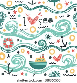 I love sea. Seamless vector pattern with sea, waves, ship, lifebuoy, anchor, heart.