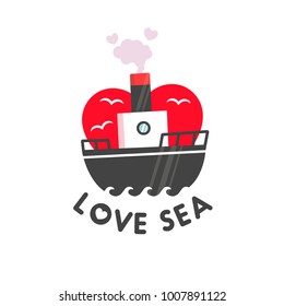 Love sea. Love ship. Logo theme Sea. Emblem, label and logo. Vector illustration.