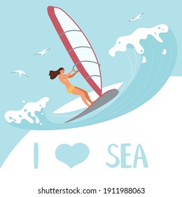 I love Sea square banner template People on summer vacation concept. A young woman Wind Surfer rides the Wave. Flat Art Vector Illustration