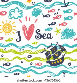 I love the sea. Summer and cheerful background with fish and boat.