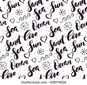 Love Sea Sun Ocean Sand calligraphy seamless pattern on white background. Hand drawn vector illustration.
