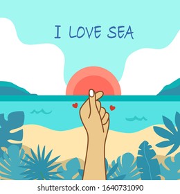 I love sea text with sunset beach flat design vector illustration. Hand gesture for love message. Korean finger hand heart.