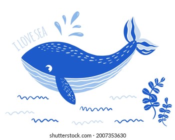 I Love Sea Text With Whale, Cartoon Character On White Background. Cute Ocean Animal Character With Adorable Sea Life For Print Design, Poster, Cards. Flat Vector Illustration