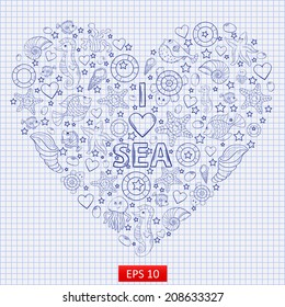 I love the sea, themed illustration with a variety of marine life:fish, sea horse, jellyfish, starfish, seaweed, coral, turtle, sea urchin, shells,lifebuoy in the shape of heart on  the notebook sheet