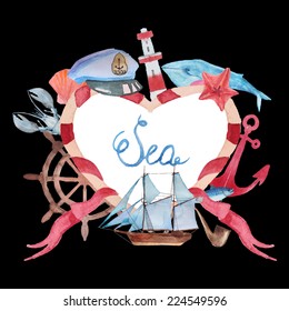 Love sea. Watercolor hand painted ribbon heart frame. Nautical background with vintage realistic elements: fish, anchor, whale, lighthouse, lobster and shell.