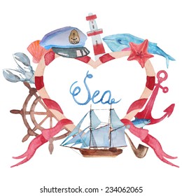 Love sea. Watercolor hand painted ribbon heart frame. Nautical background with vintage realistic elements: fish, anchor, whale, lighthouse, lobster and shell.