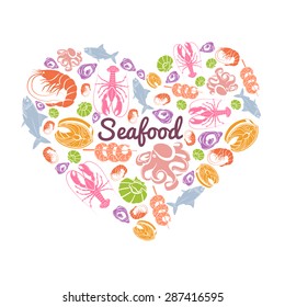 Love seafood concept with fish and sea animals in heart shape vector illustration