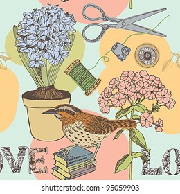 Love seamless background with bird and flowers