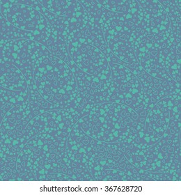 Love seamless background. Elegant seamless pattern with swirls and  mint hearts on a violet background.