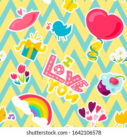 Love seamless cartoon pattern. Romance and dating texture. Romantic drawings zigzag background