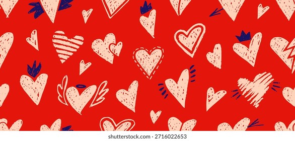 Liebe nahtlose Kreide Muster mit Herzen, Engel Flügel und Krone. Doodle-Hintergrund für romantische Designs, Graffiti-Kunst, Valentinstag-Karten mit Kreide-Textur.