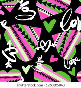 Love seamless girls motivation pattern. Funky t-shirt print with hearts and different doodle elements, trendy painted style texture.Funny wallpaper for textile and fabric.Fashion style apparel design