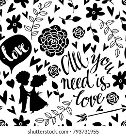 Love seamless, pattern. Background texture, wallpaper in black and white. Handwritten font, hand drawn