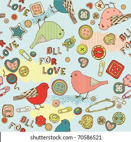 love seamless pattern with birds and buttons