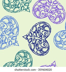 Love seamless pattern. Blue hearts with swirls on beige background