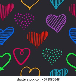 Love seamless pattern with bright doodle hearts. Hand drawn unique background for Valentines Day and Wedding, invitation card background, wrapping paper, etc.