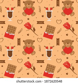 Love Seamless Pattern with Chocolate Drink, Teddy Bear, Chocolate, and Rose. You can use this design to create poster, tshirt, pillow, tote bag, pouch, phone case, etc.