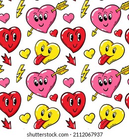 Love seamless pattern with comics cartoon characters. Valentines Day design. Vector illustration